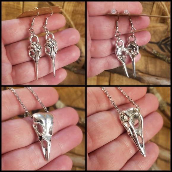 Pagan Raven Skull Necklace & Earrings Jewelry Set Horror Witchy Viking Jewelry - Picture 8 of 16